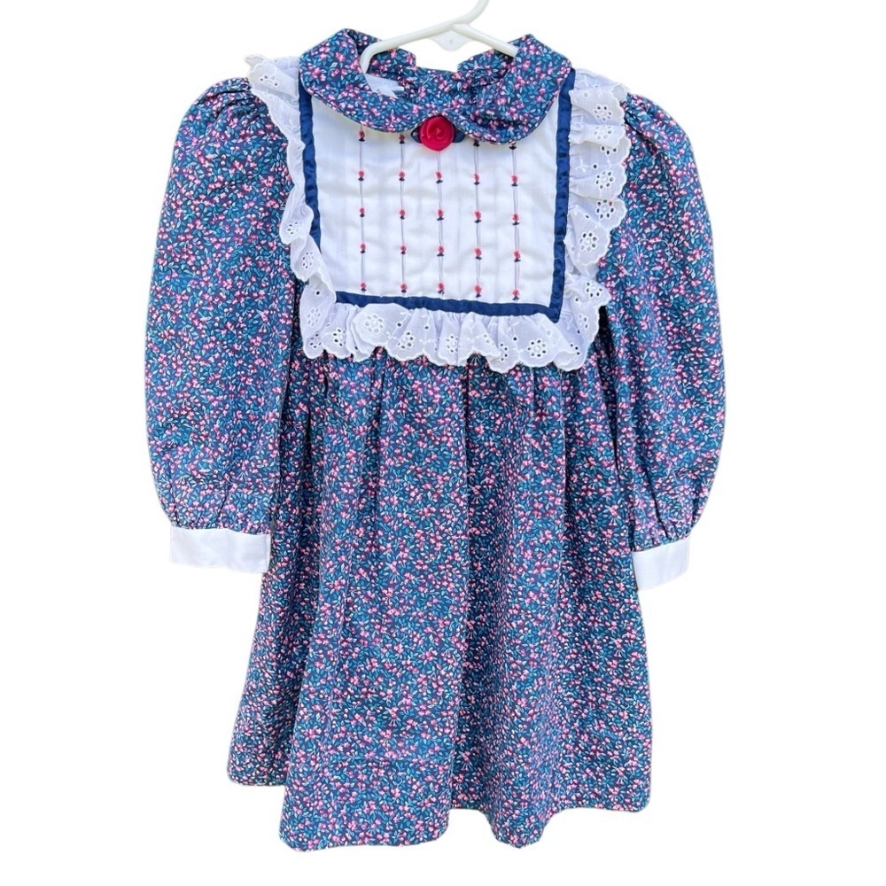 Vtg Polly Flinders Floral Long Sleeve Dress Rosette Smocking Eyelet Lace Sash 3T